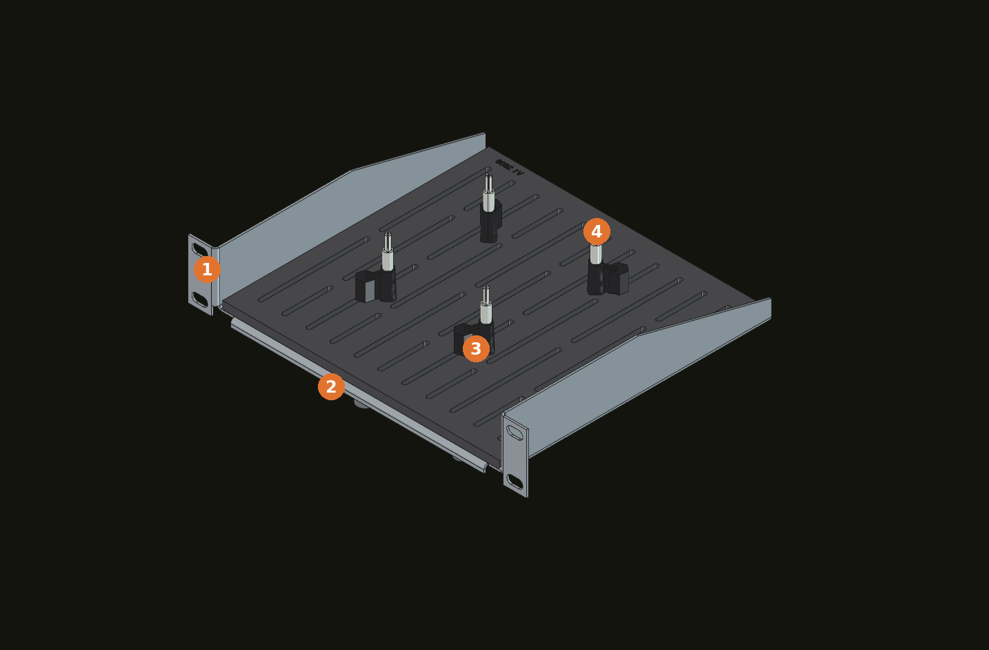 Exploded view of the assembly: sheet-metal shelf, mounting plate, and four posts with heat-set inserts and PCB standoffs