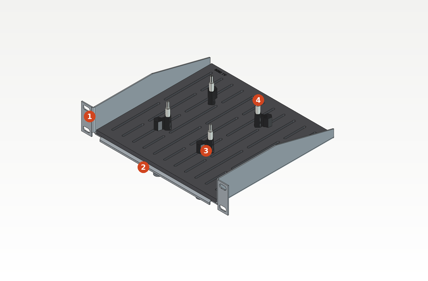 Exploded view of the assembly: sheet-metal shelf, mounting plate, and four posts with heat-set inserts and PCB standoffs