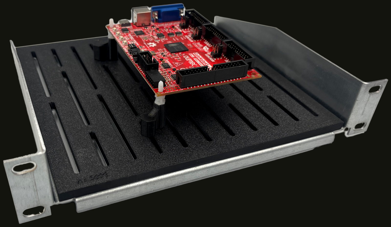 Photograph of the 10-inch rack shelf with a PCB mounted on the slotted plate