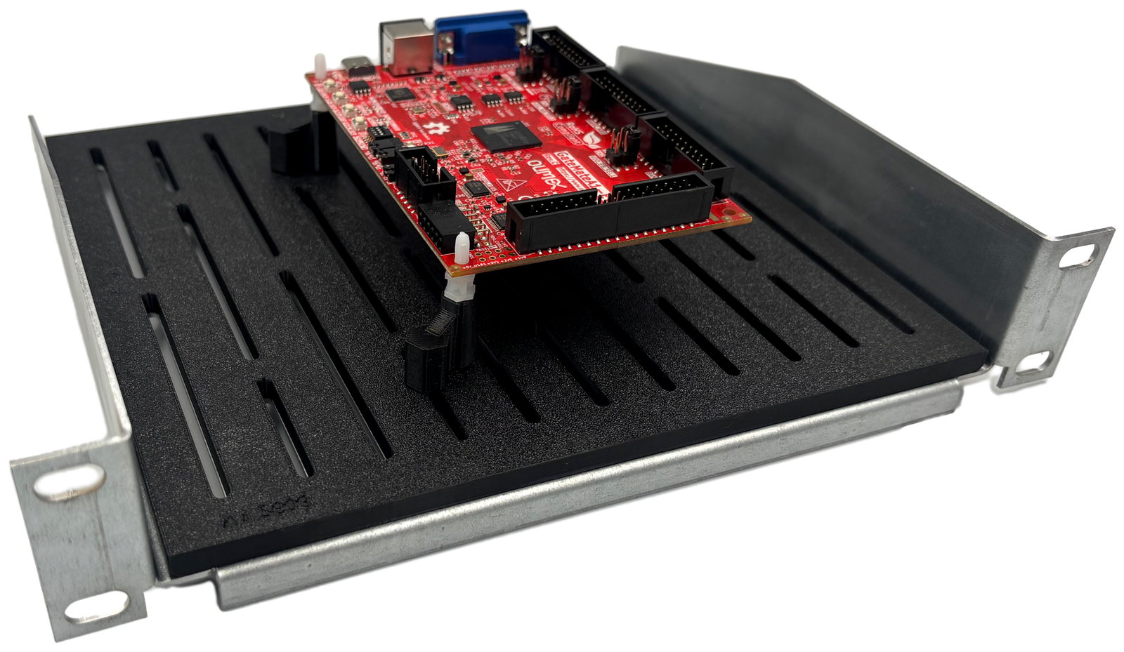 Photograph of the 10-inch rack shelf with a PCB mounted on the slotted plate