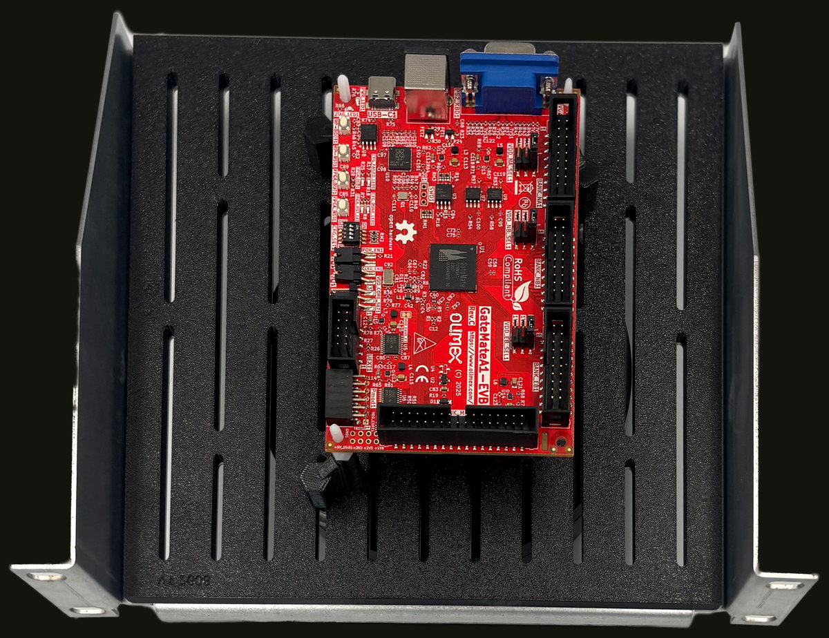 High-angle view of the shelf showing both rack ears and the board clearance underneath