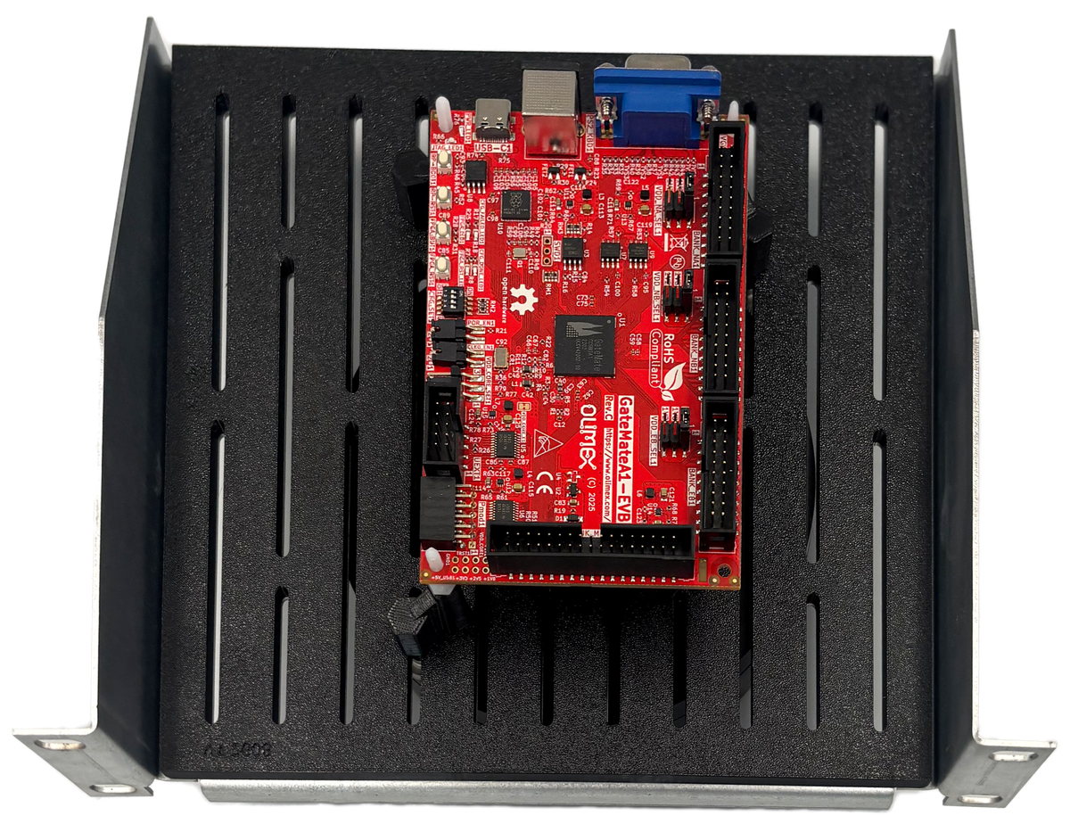 High-angle view of the shelf showing both rack ears and the board clearance underneath
