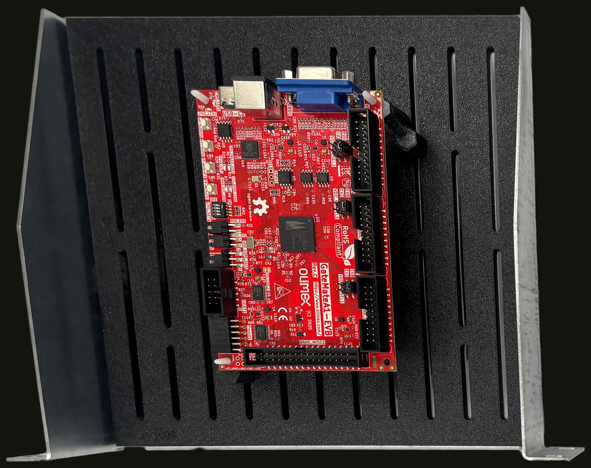 Top-down view of the slotted mounting plate with a PCB positioned along the slots