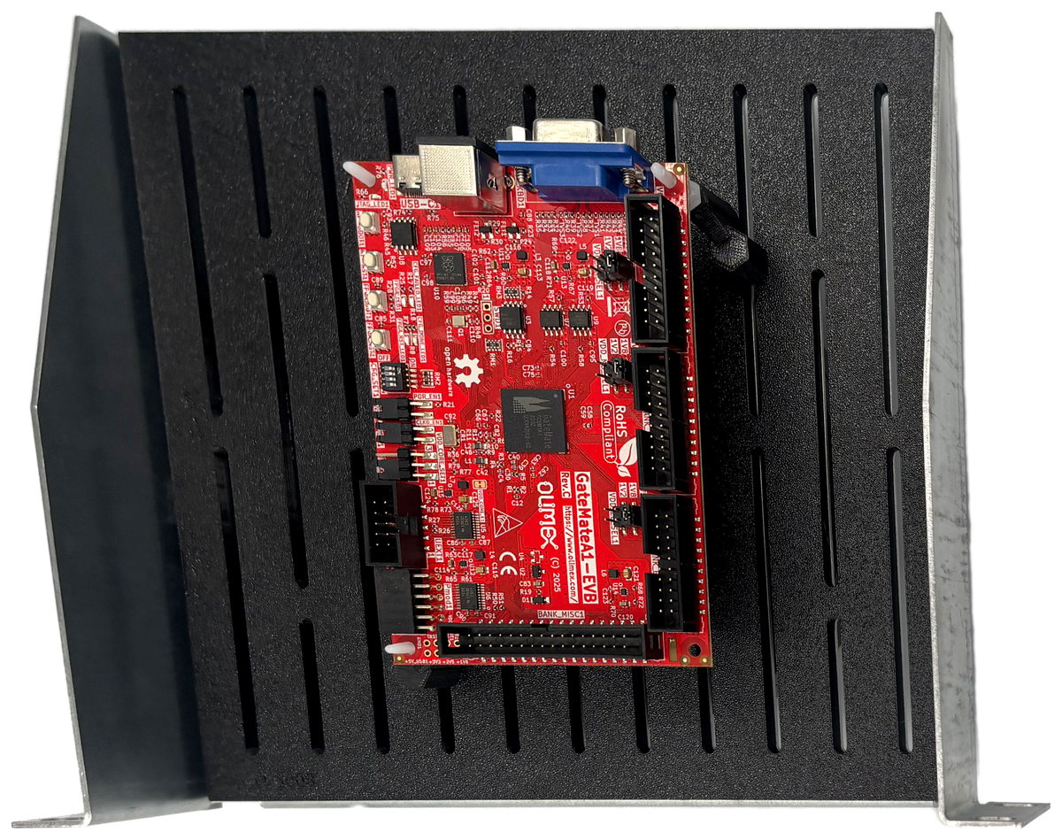 Top-down view of the slotted mounting plate with a PCB positioned along the slots